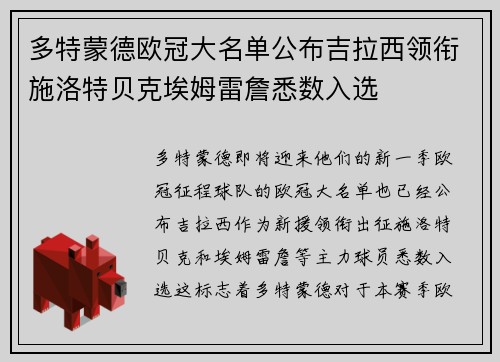 多特蒙德欧冠大名单公布吉拉西领衔施洛特贝克埃姆雷詹悉数入选